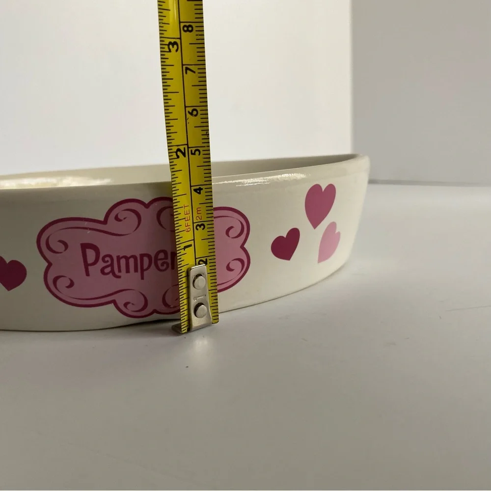 Cat Bowl Fish Shaped Ceramic “Pampered” White Pink. 8” Long Water Food Kitty